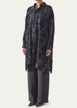 EskandarWide A-Line Collarless Shirt With Slits (Very Long Length)