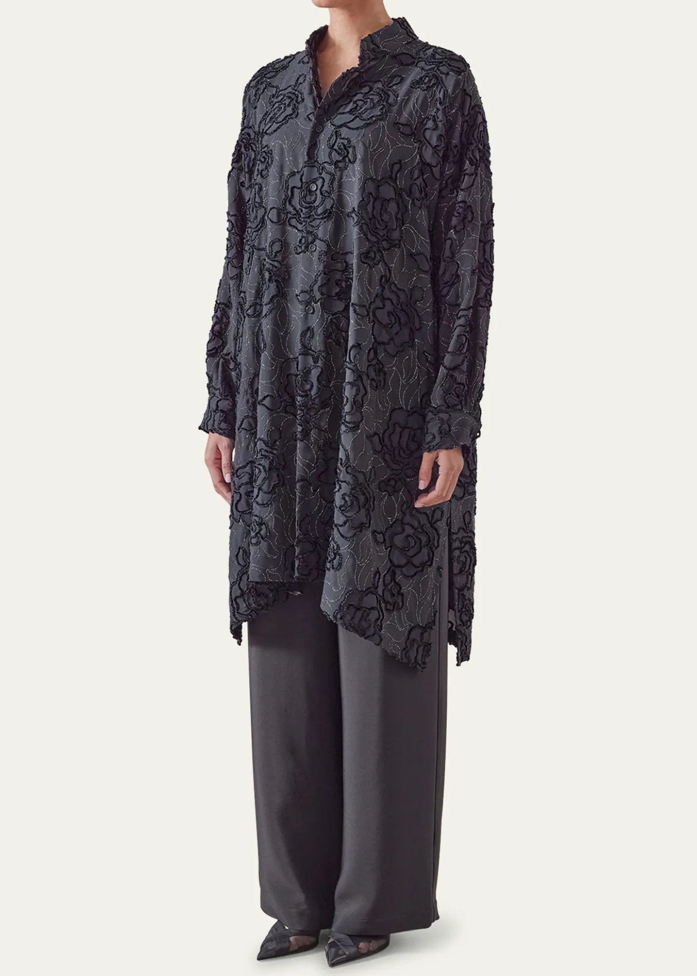 EskandarWide A-Line Collarless Shirt With Slits (Very Long Length)
