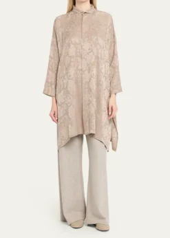EskandarWide A-Line Double Stand Collar Shirt - Very Long Length With Slits