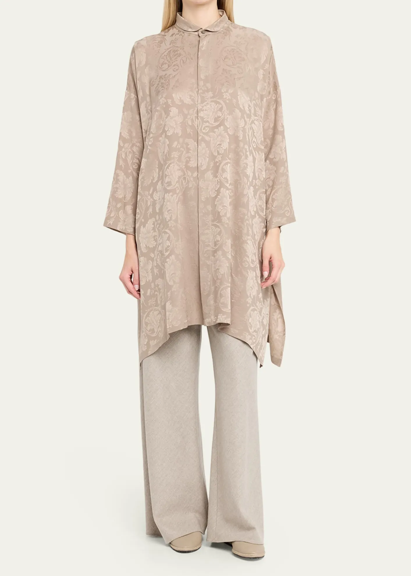 EskandarWide A-Line Double Stand Collar Shirt - Very Long Length With Slits