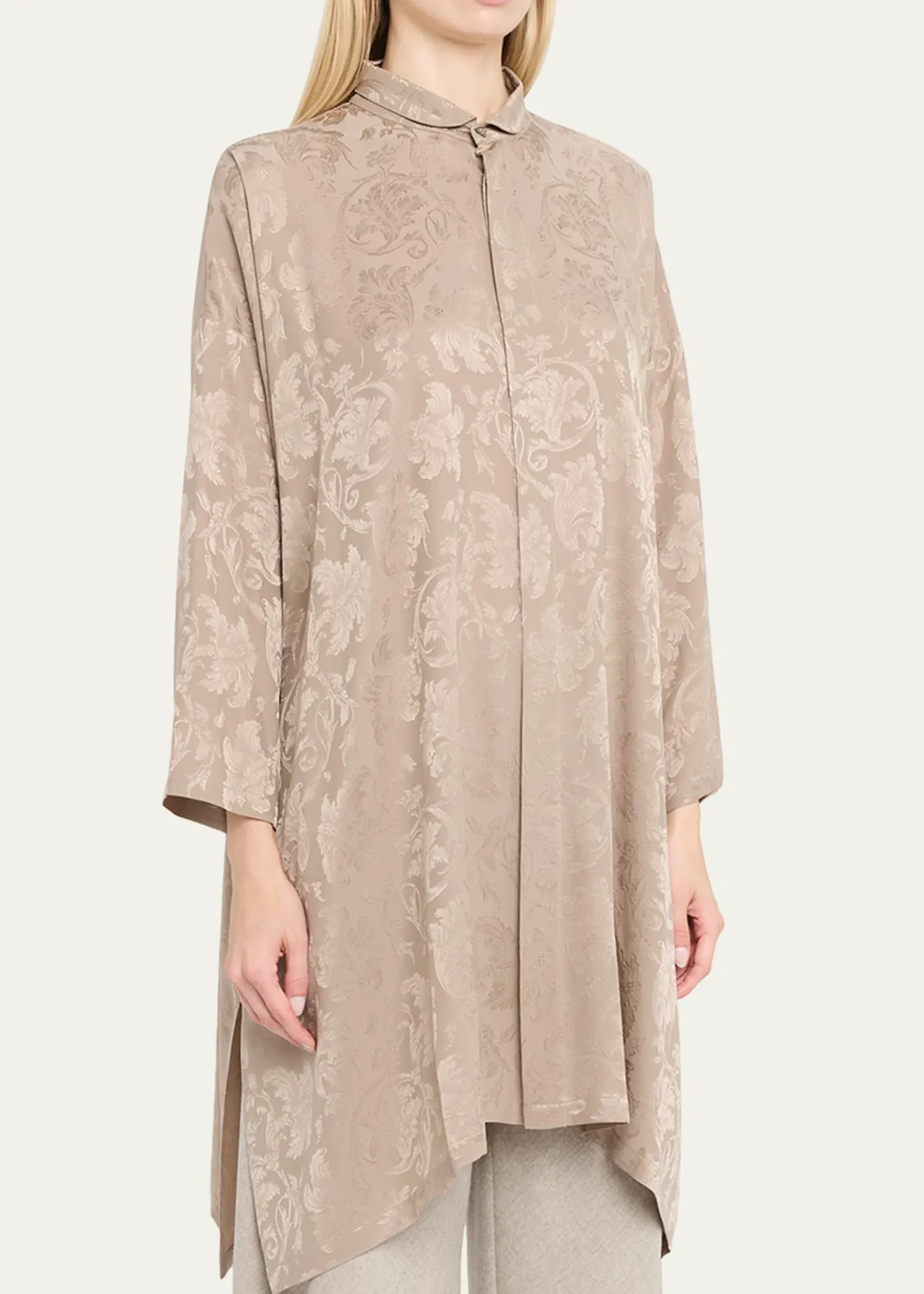 EskandarWide A-Line Double Stand Collar Shirt - Very Long Length With Slits