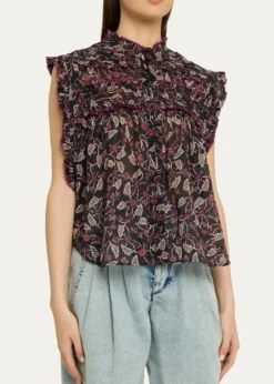 Etoile Isabel MarantDersia Floral Ruffled Cotton Button-Front Top