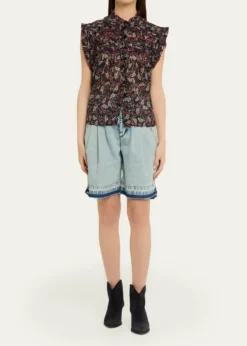 Etoile Isabel MarantDersia Floral Ruffled Cotton Button-Front Top