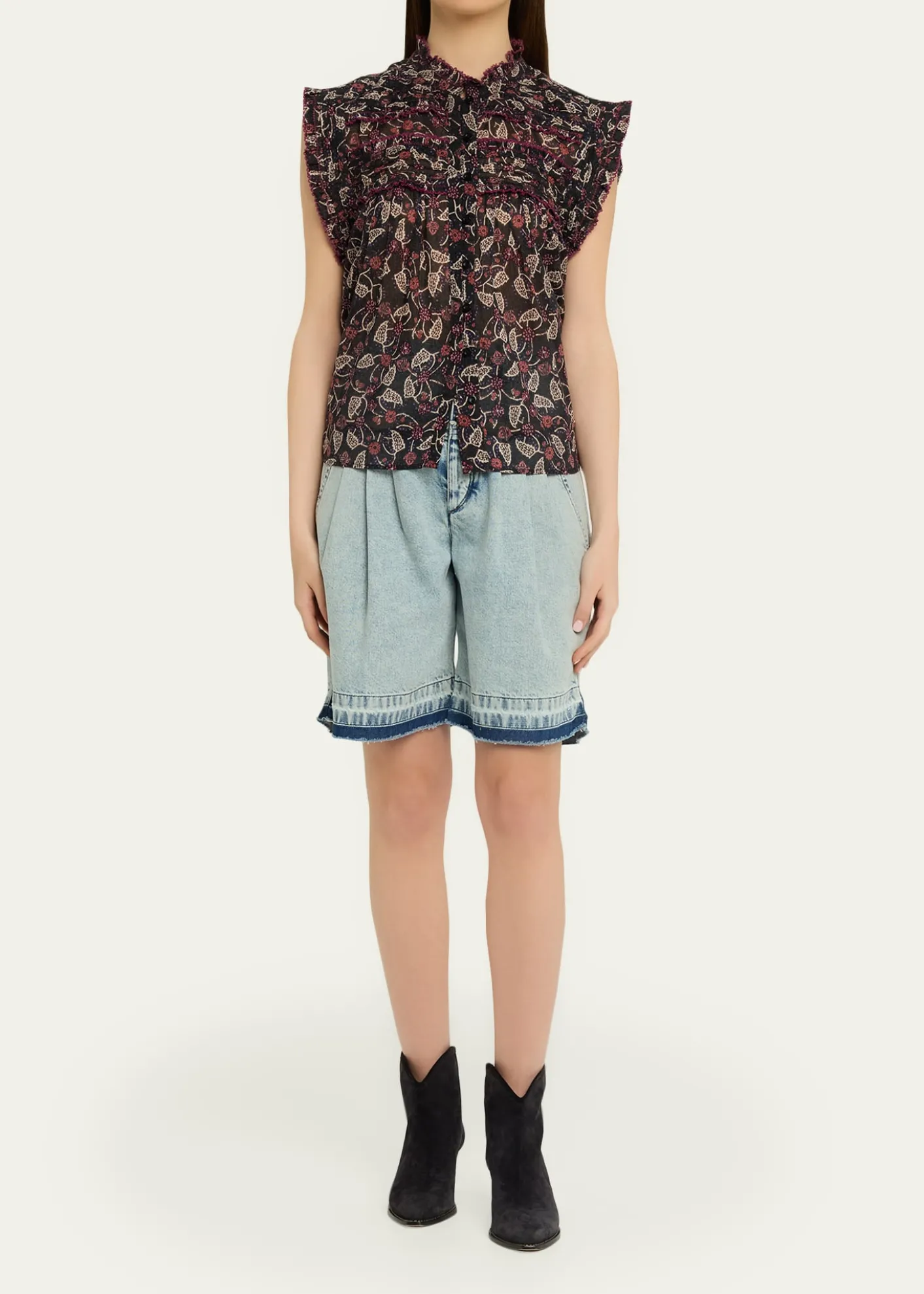 Etoile Isabel MarantDersia Floral Ruffled Cotton Button-Front Top