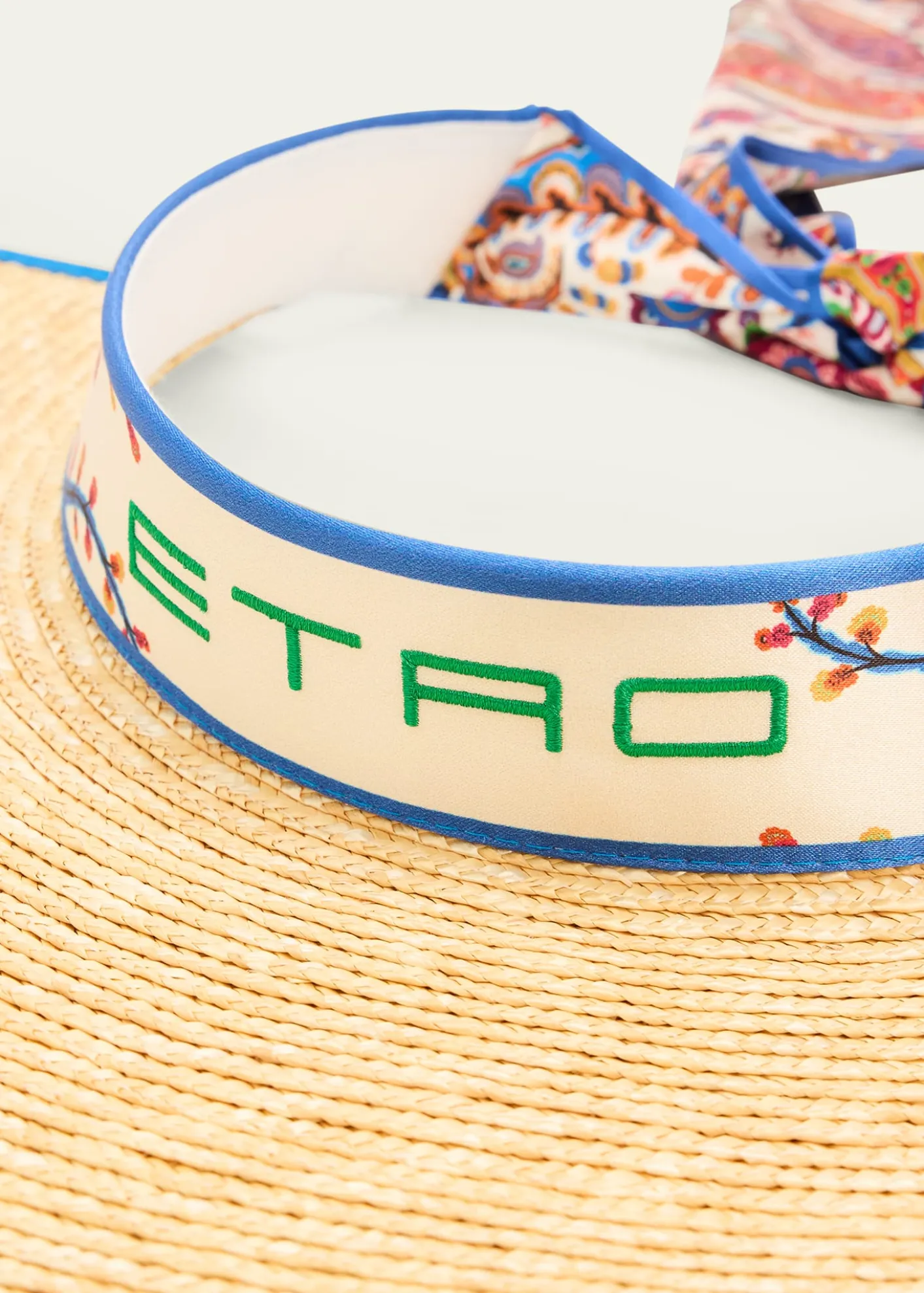 EtroLogo Straw Visor with Paisley-Print Ties