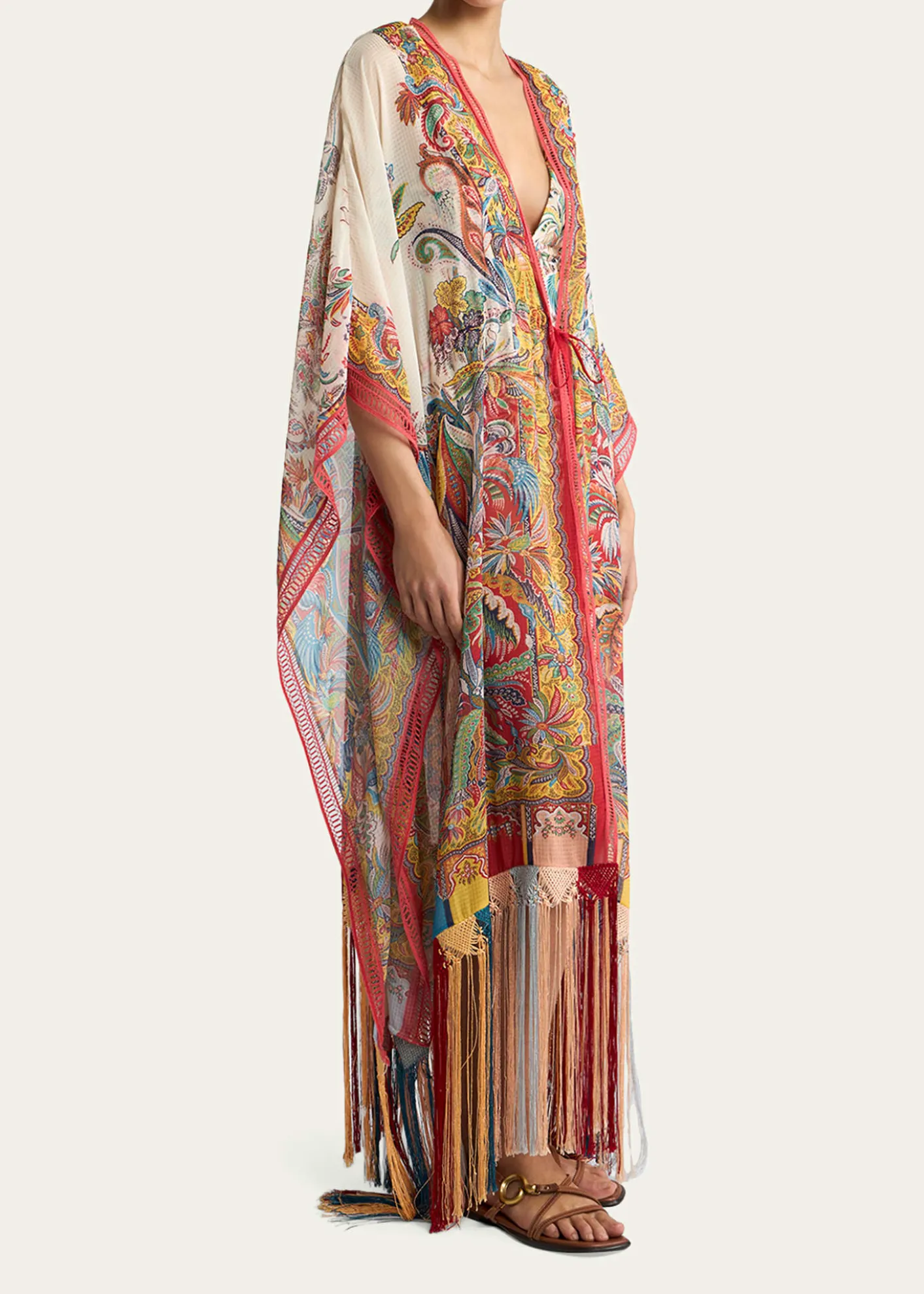 EtroMulticolor Fringe-Trim Kaftan Coverup