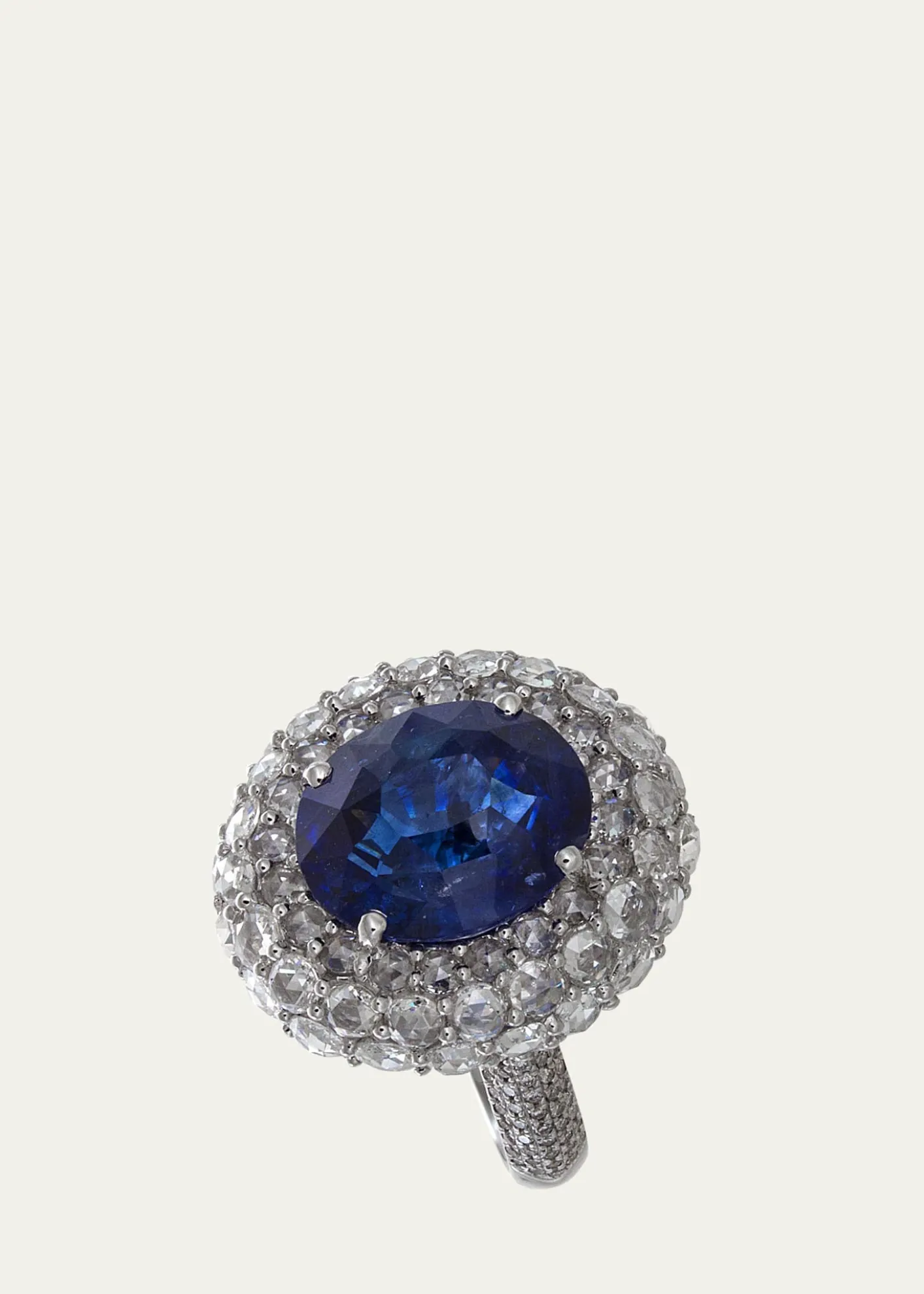 64 Facets18K White Gold One of a Kind Ring with Rose Cut Diamonds and Blue Sapphire
