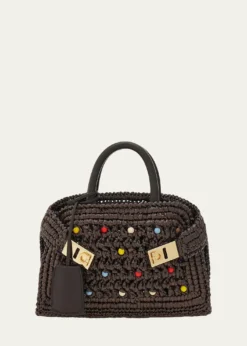 FerragamoHug Beaded Raffia Top-Handle Bag