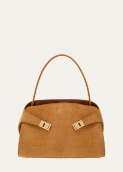 FerragamoHug Croc-Embossed Suede Shoulder Bag