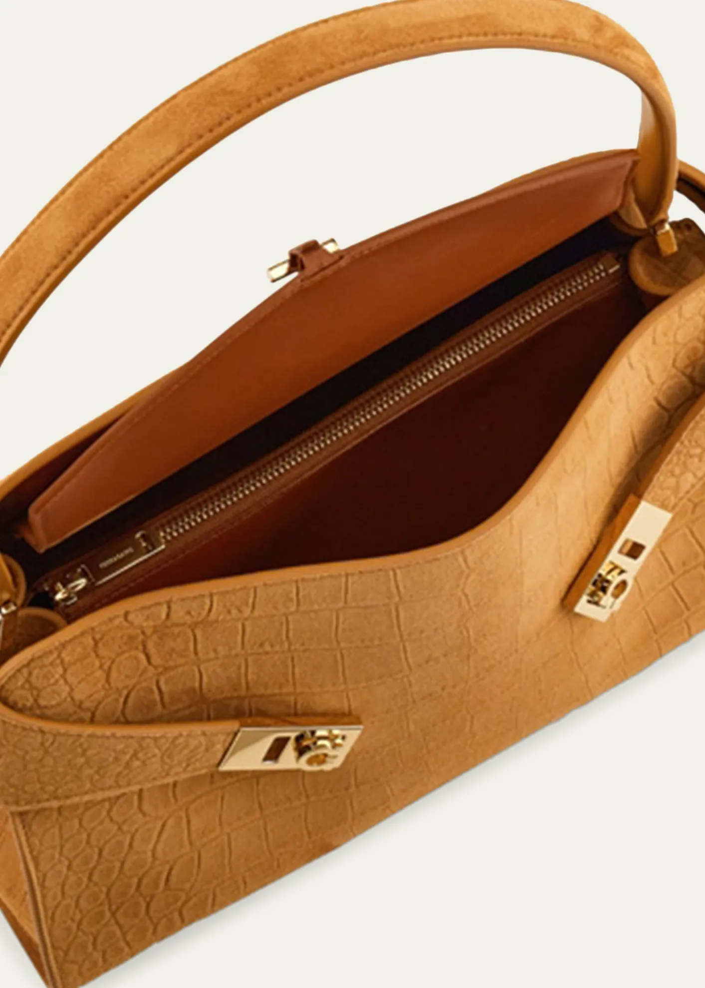 FerragamoHug Croc-Embossed Suede Shoulder Bag