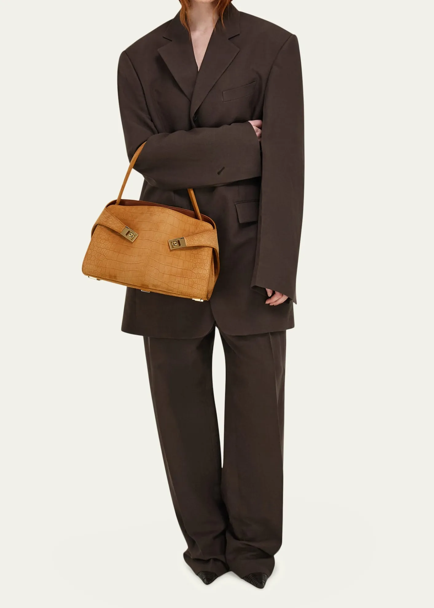 FerragamoHug Croc-Embossed Suede Shoulder Bag
