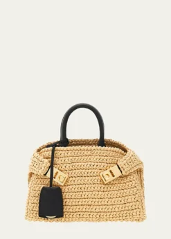 FerragamoHug Mini Crochet Raffia Top-Handle Bag