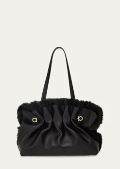FerragamoMedium Gancio Piercing Shoulder Bag with Fur Trim
