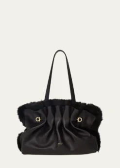 FerragamoMedium Gancio Piercing Shoulder Bag with Fur Trim