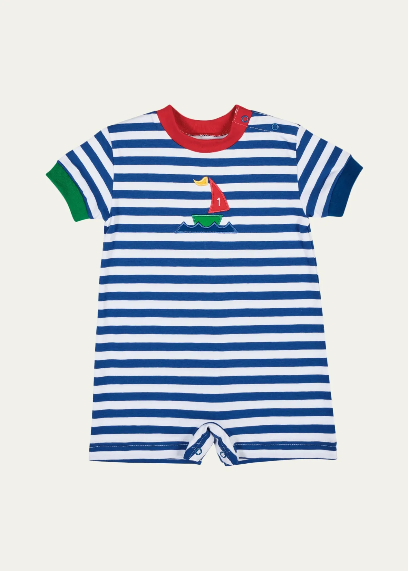 Florence EisemanBoy's Sailboat Applique Stripe Knit Shortall, Size 3M-24M