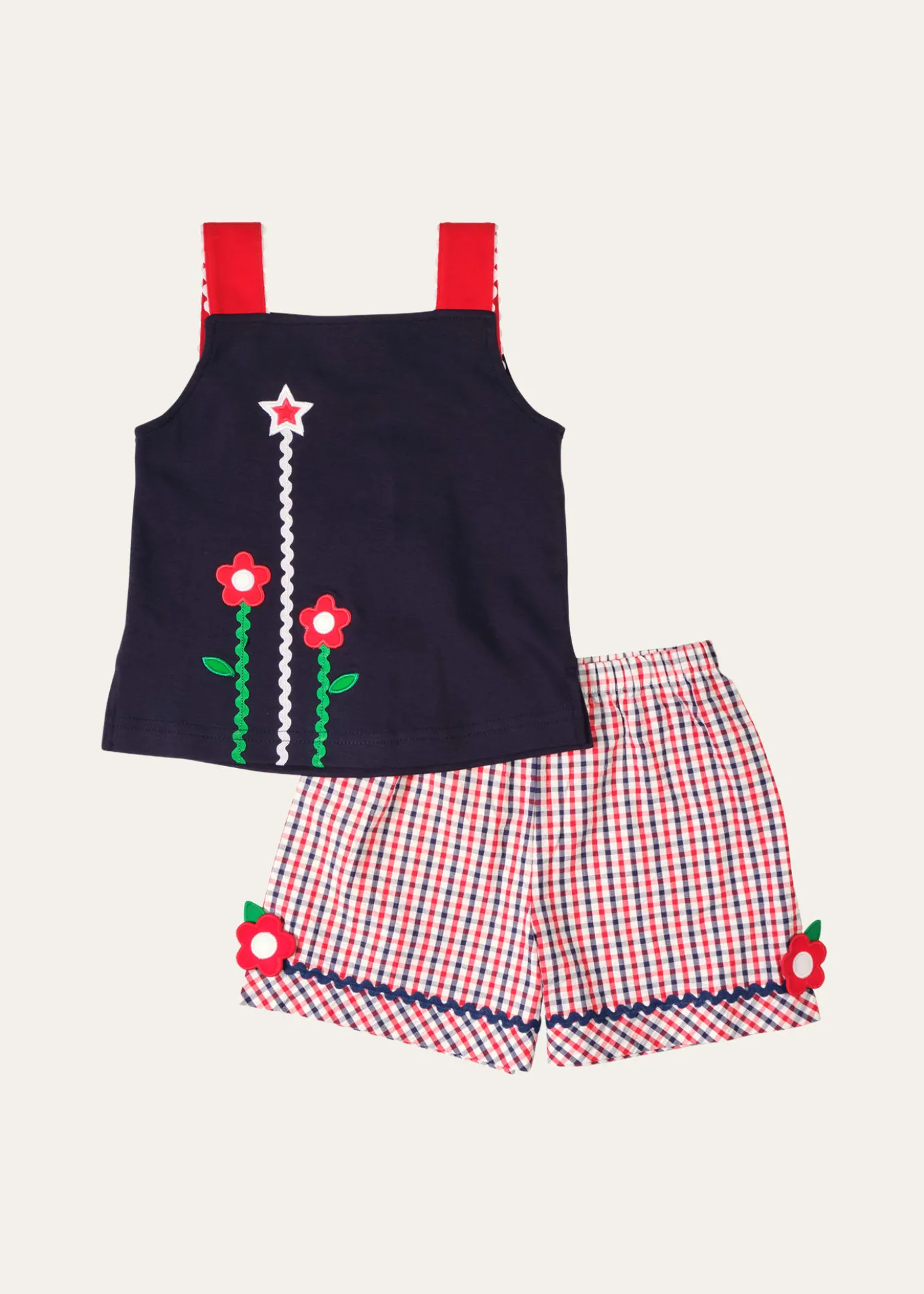 Florence EisemanGirl's Flower Applique Knit Top and Gingham Shorts Set, Size 2-8
