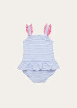 Florence EisemanGirl's Seersucker One-Piece Swimsuit with Flowers, Size 6M-24M