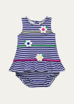 Florence EisemanGirl's Stripe Knit Romper with Pompoms & Flowers, Size 3M-24M
