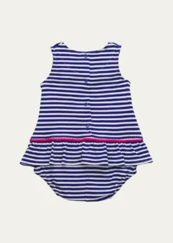 Florence EisemanGirl's Stripe Knit Romper with Pompoms & Flowers, Size 3M-24M