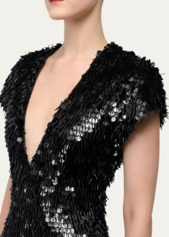 Gaurav GuptaPlunging Fringed Cap-Sleeve Column Gown