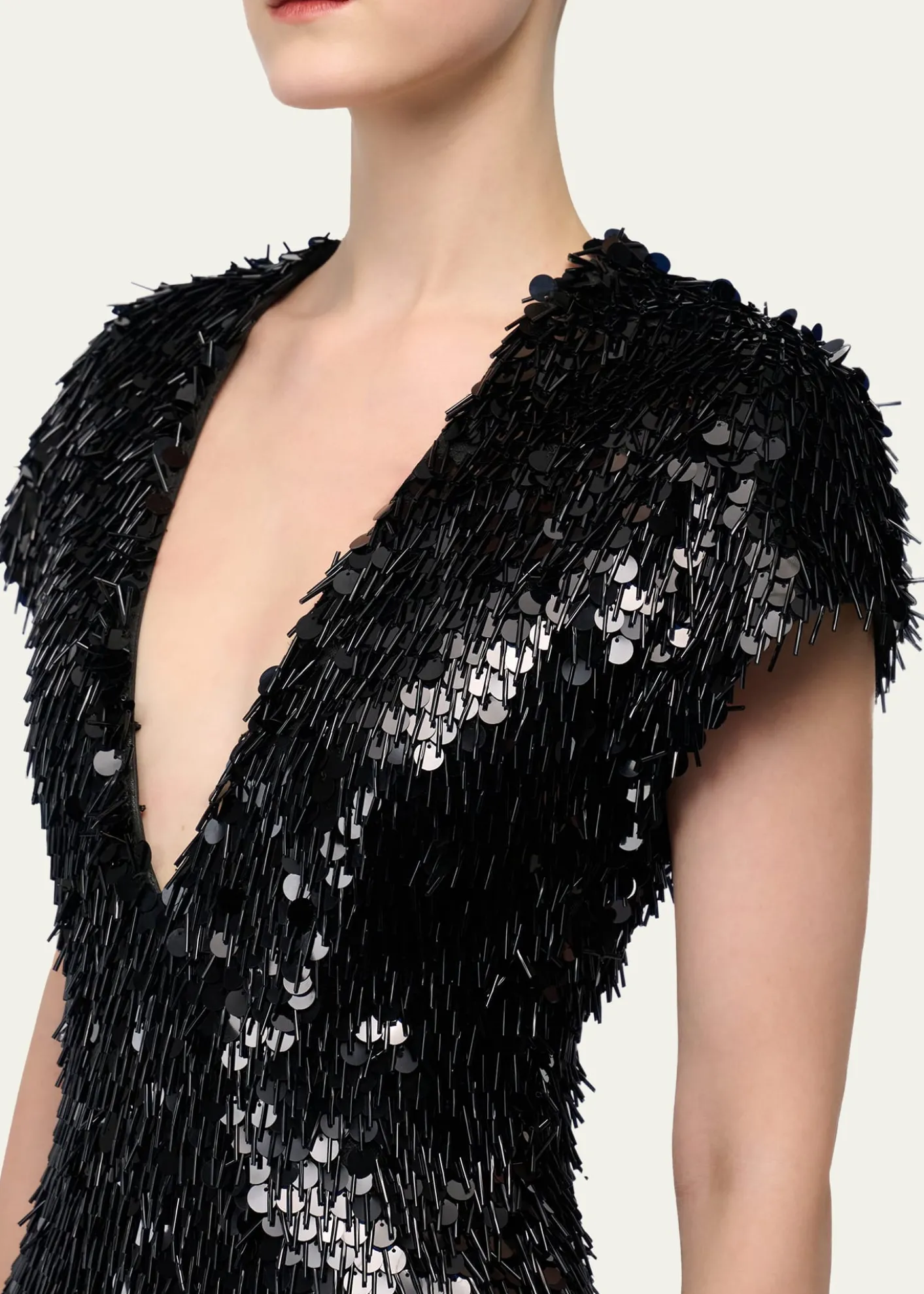 Gaurav GuptaPlunging Fringed Cap-Sleeve Column Gown