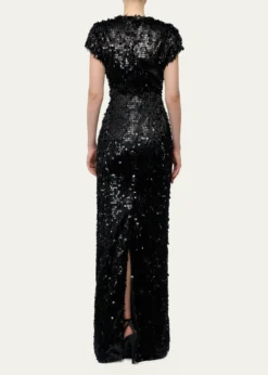 Gaurav GuptaPlunging Fringed Cap-Sleeve Column Gown