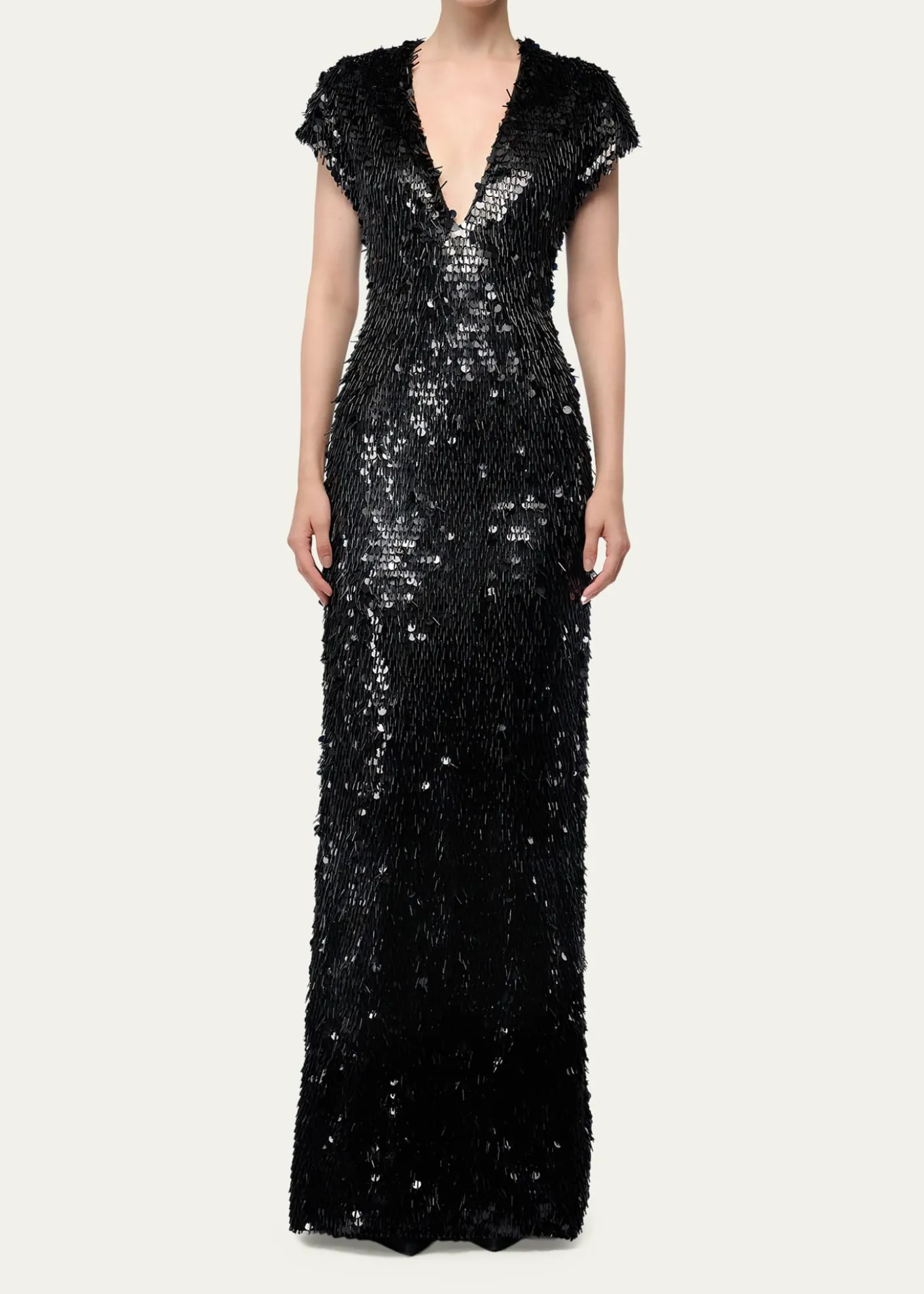 Gaurav GuptaPlunging Fringed Cap-Sleeve Column Gown