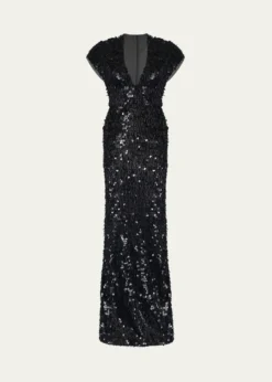 Gaurav GuptaPlunging Fringed Cap-Sleeve Column Gown