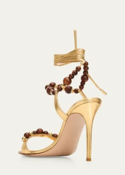 Gianvito Rossi95mm Beaded Metallic Nappa Leather Ankle-Tie Sandals