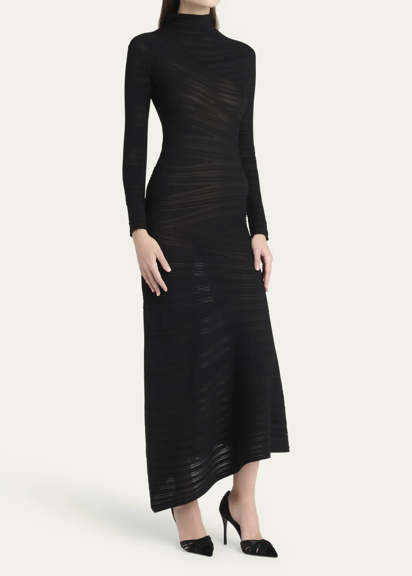 Giorgio ArmaniAsymmetric Tonal Striped Jersey Mock-Neck Midi Dress