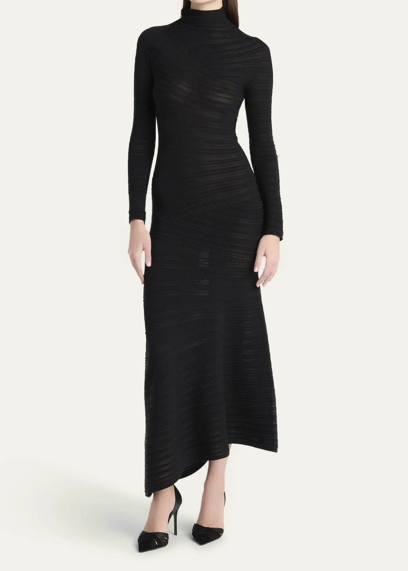 Giorgio ArmaniAsymmetric Tonal Striped Jersey Mock-Neck Midi Dress