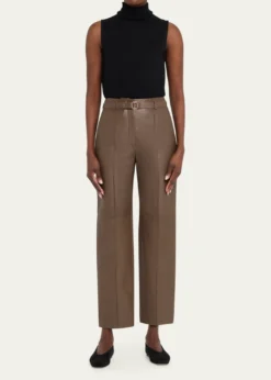 Giorgio ArmaniBelted Nappa Lambskin Straight-Leg Pants