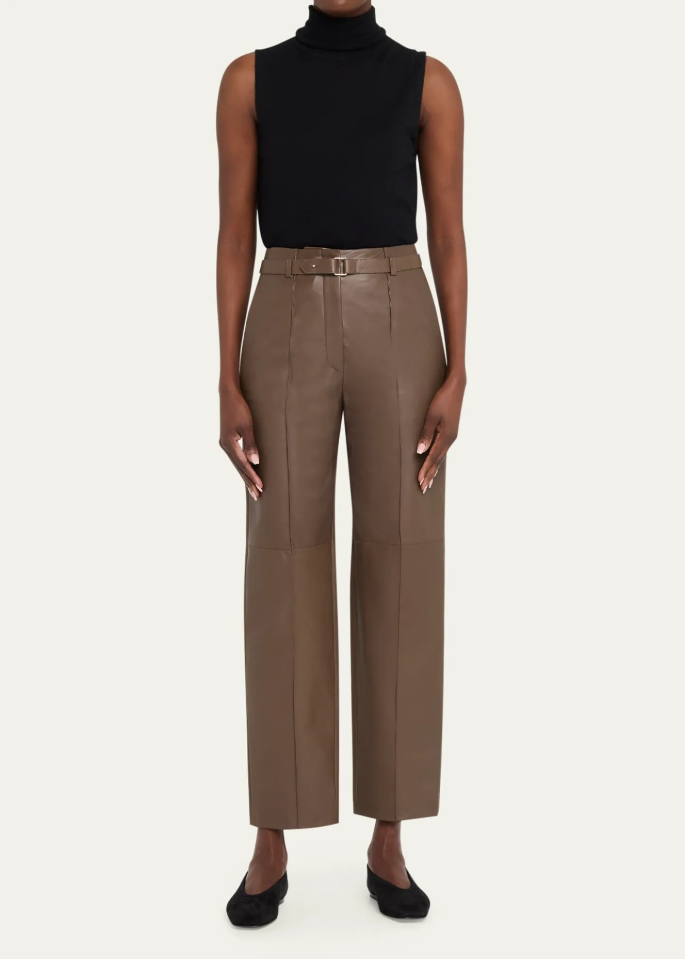 Giorgio ArmaniBelted Nappa Lambskin Straight-Leg Pants