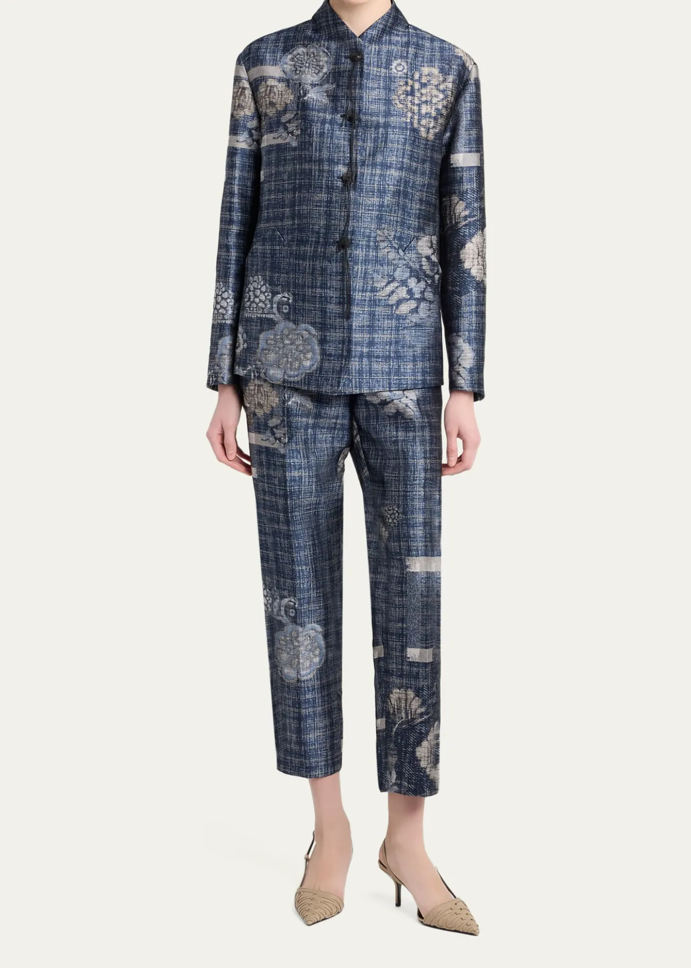 Giorgio ArmaniCheck Floral Jacquard Straight-Leg Ankle Trousers