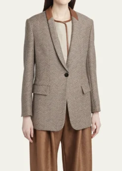Giorgio ArmaniChevron Wool Single-Breasted Blazer with Leather Trim