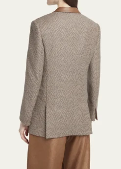 Giorgio ArmaniChevron Wool Single-Breasted Blazer with Leather Trim