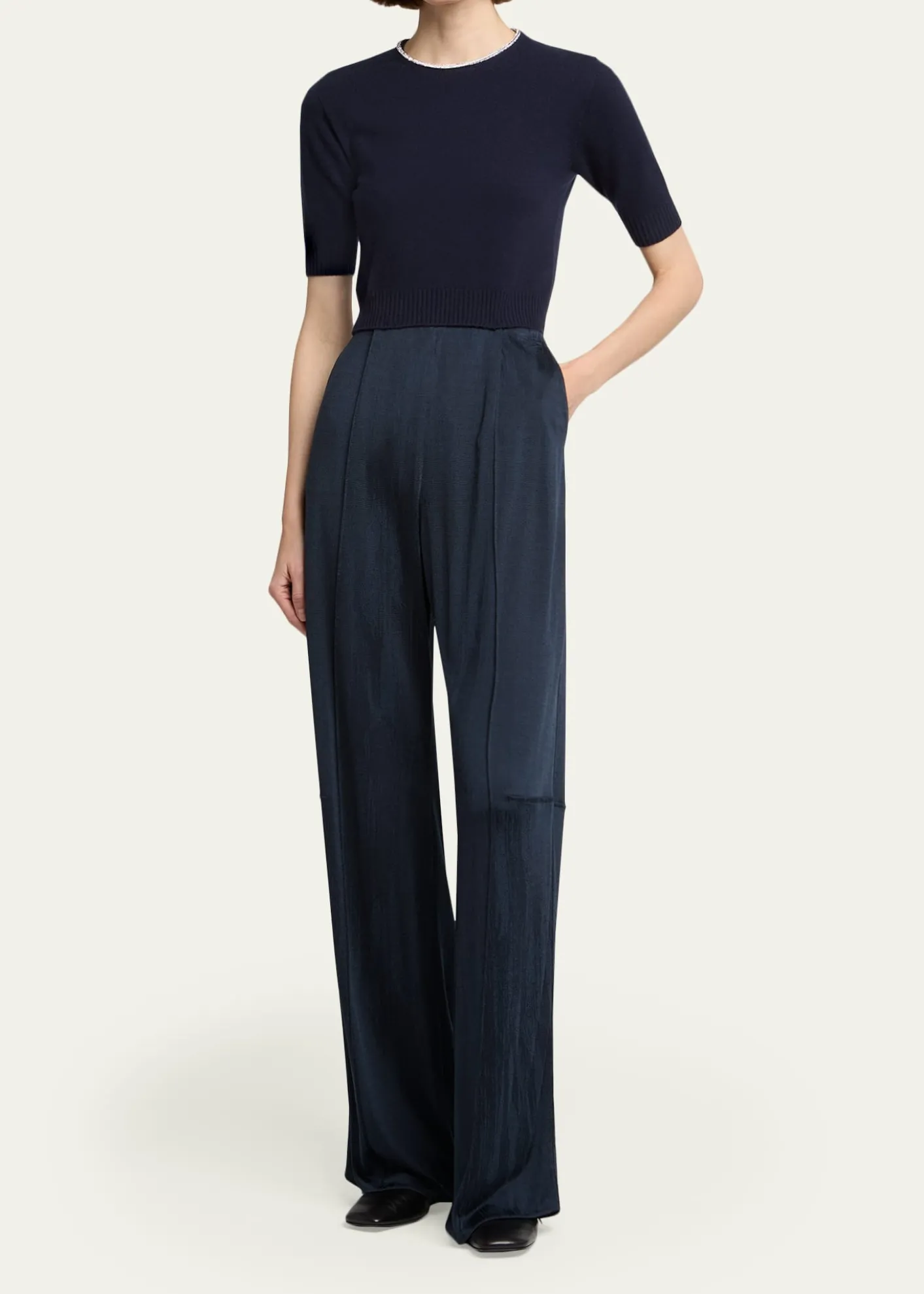 Giorgio ArmaniCrystal-Collar Cashmere Short-Sleeve Crop Sweater