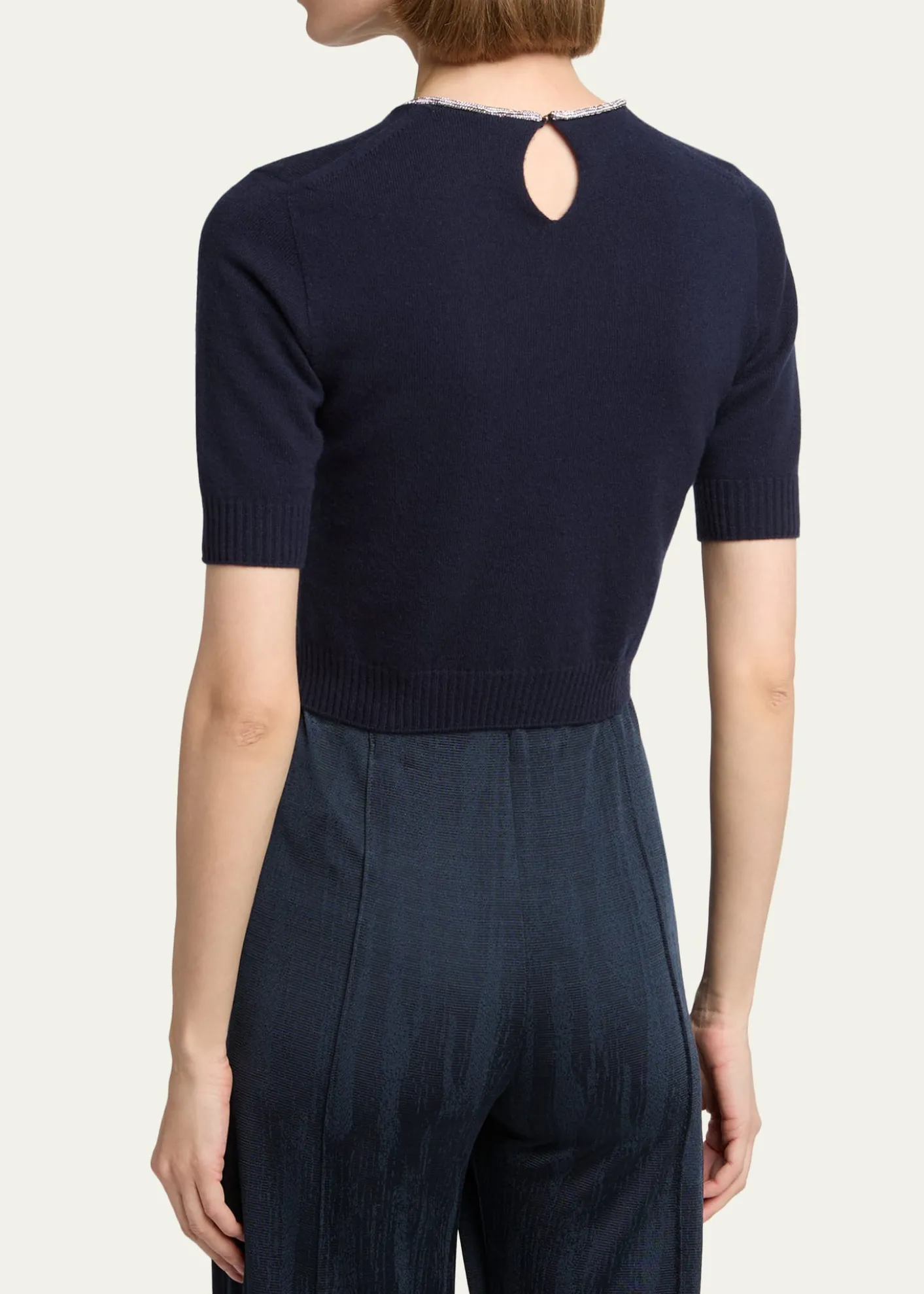 Giorgio ArmaniCrystal-Collar Cashmere Short-Sleeve Crop Sweater
