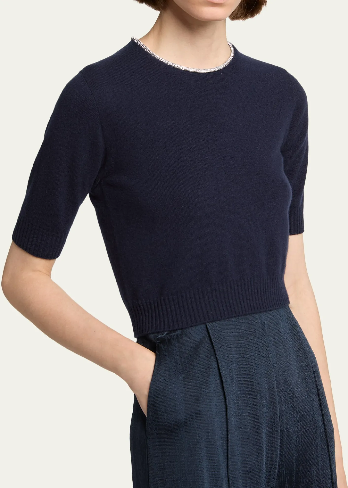 Giorgio ArmaniCrystal-Collar Cashmere Short-Sleeve Crop Sweater
