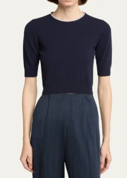 Giorgio ArmaniCrystal-Collar Cashmere Short-Sleeve Crop Sweater