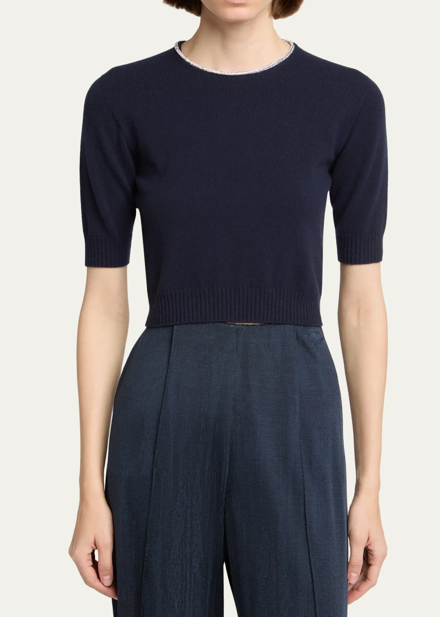 Giorgio ArmaniCrystal-Collar Cashmere Short-Sleeve Crop Sweater
