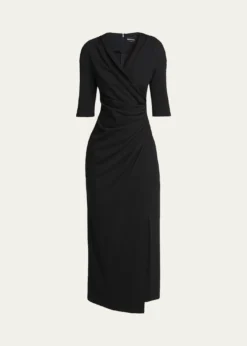 Giorgio ArmaniElbow-Sleeve Draped Crepe Slit Midi Dress