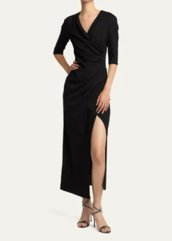 Giorgio ArmaniElbow-Sleeve Draped Crepe Slit Midi Dress
