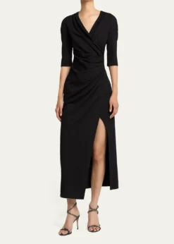 Giorgio ArmaniElbow-Sleeve Draped Crepe Slit Midi Dress