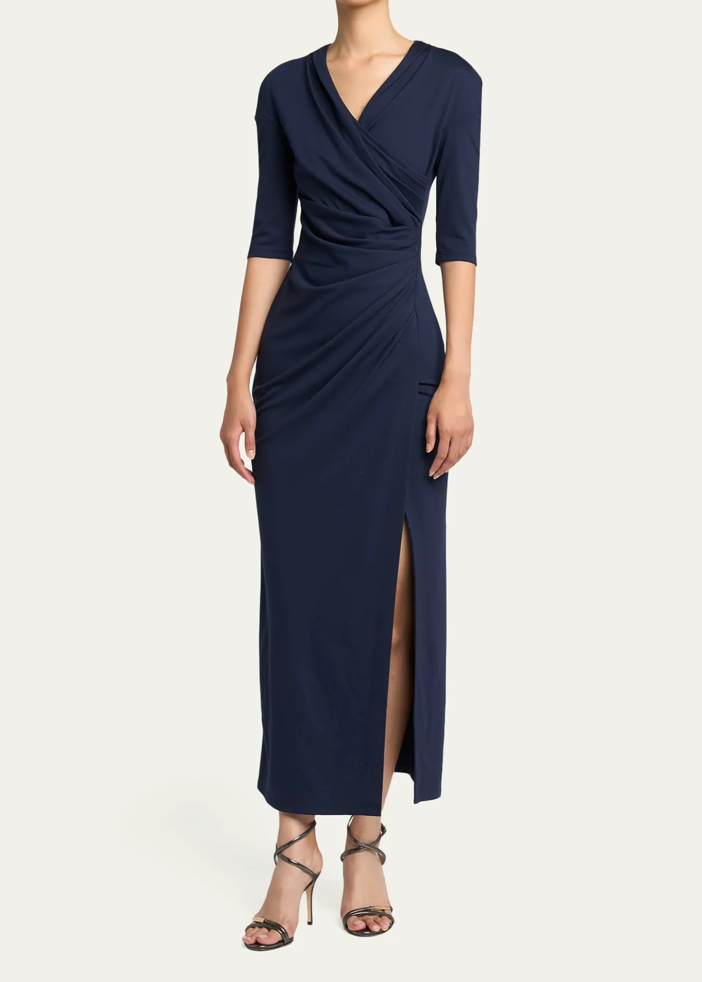 Giorgio ArmaniElbow-Sleeve Draped Slit Midi Dress