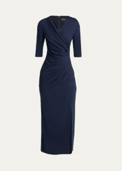 Giorgio ArmaniElbow-Sleeve Draped Slit Midi Dress