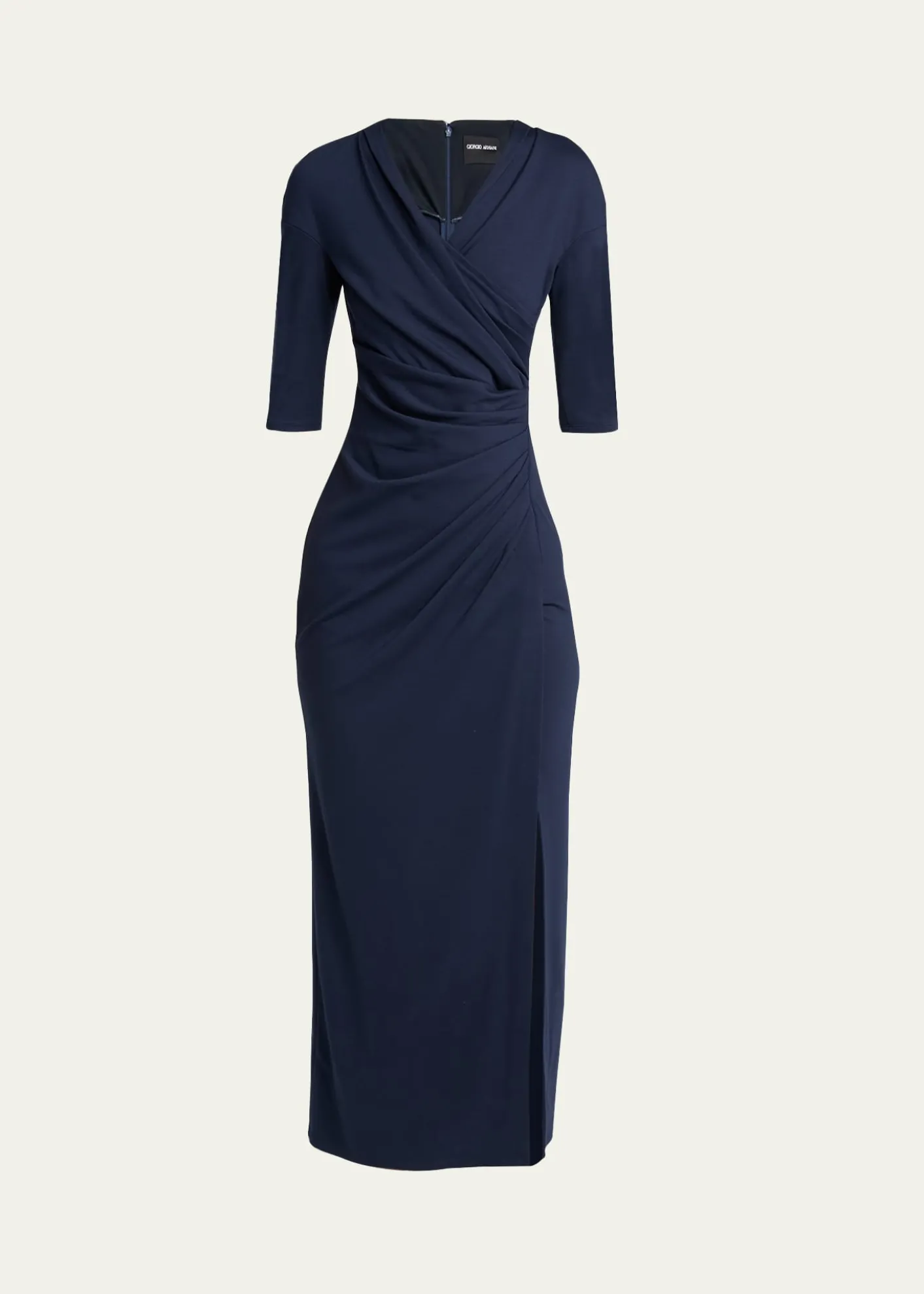 Giorgio ArmaniElbow-Sleeve Draped Slit Midi Dress
