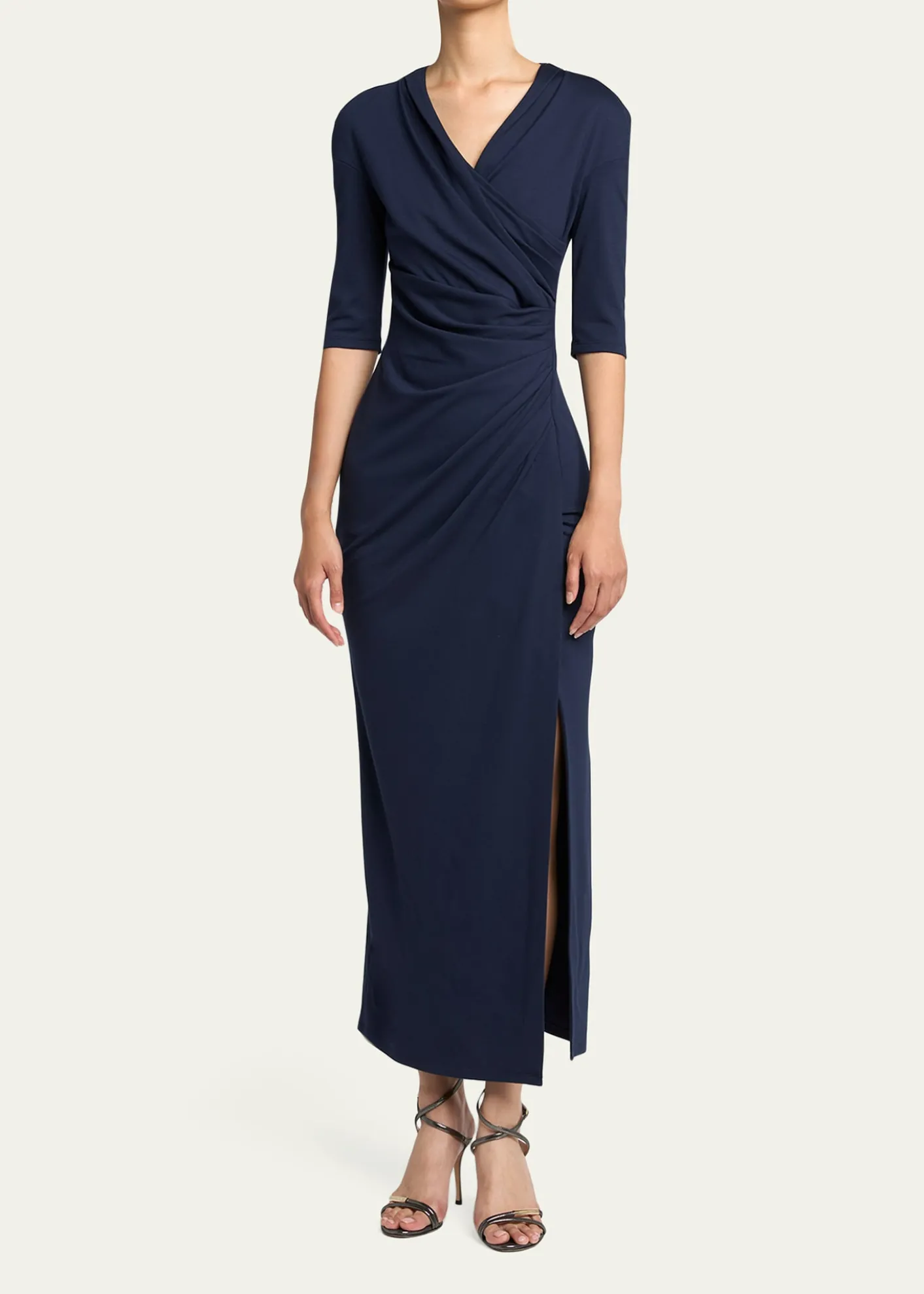 Giorgio ArmaniElbow-Sleeve Draped Slit Midi Dress