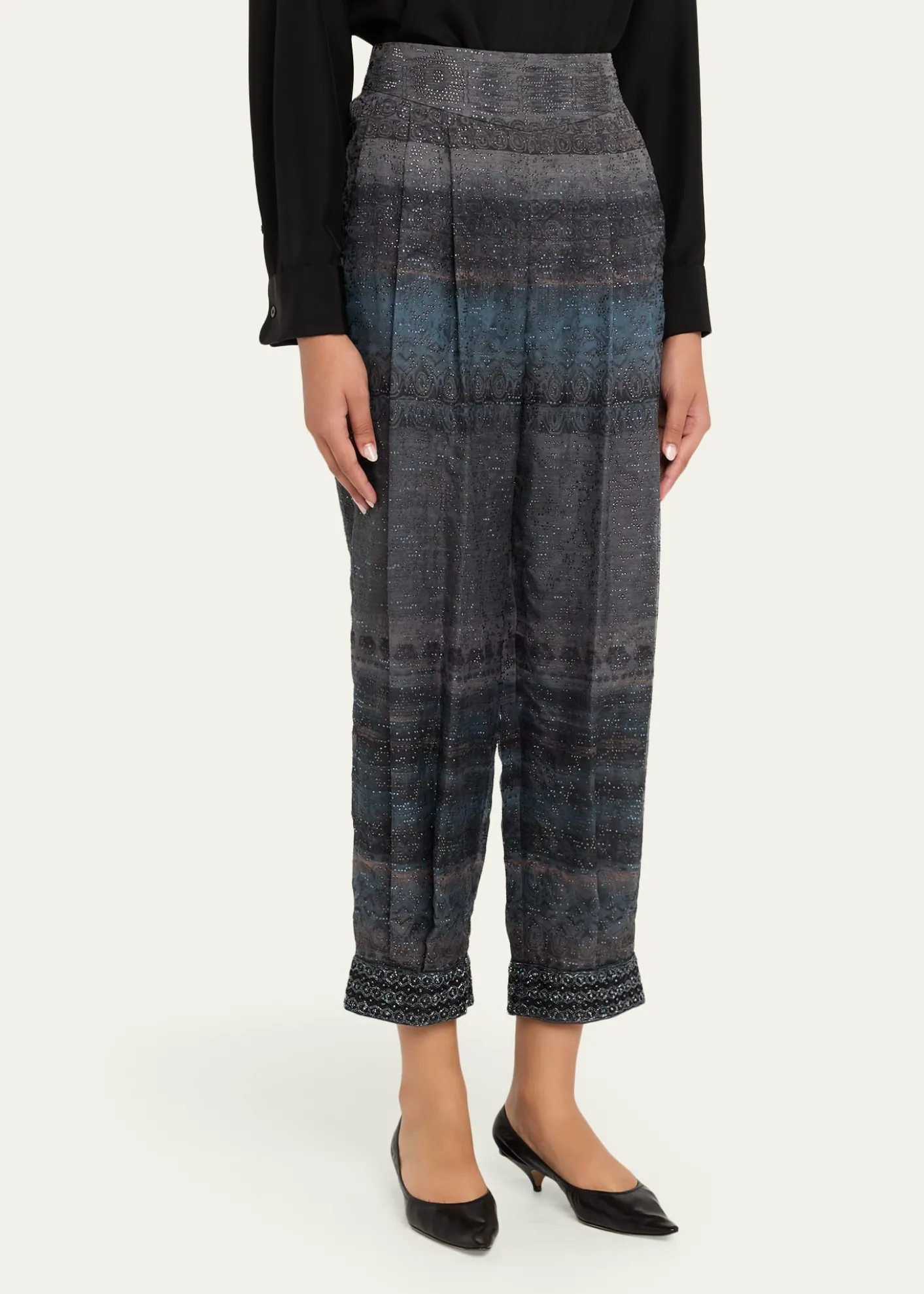 Giorgio ArmaniEmbroidered Geo-Print Wook Straight-Leg Crop Trousers