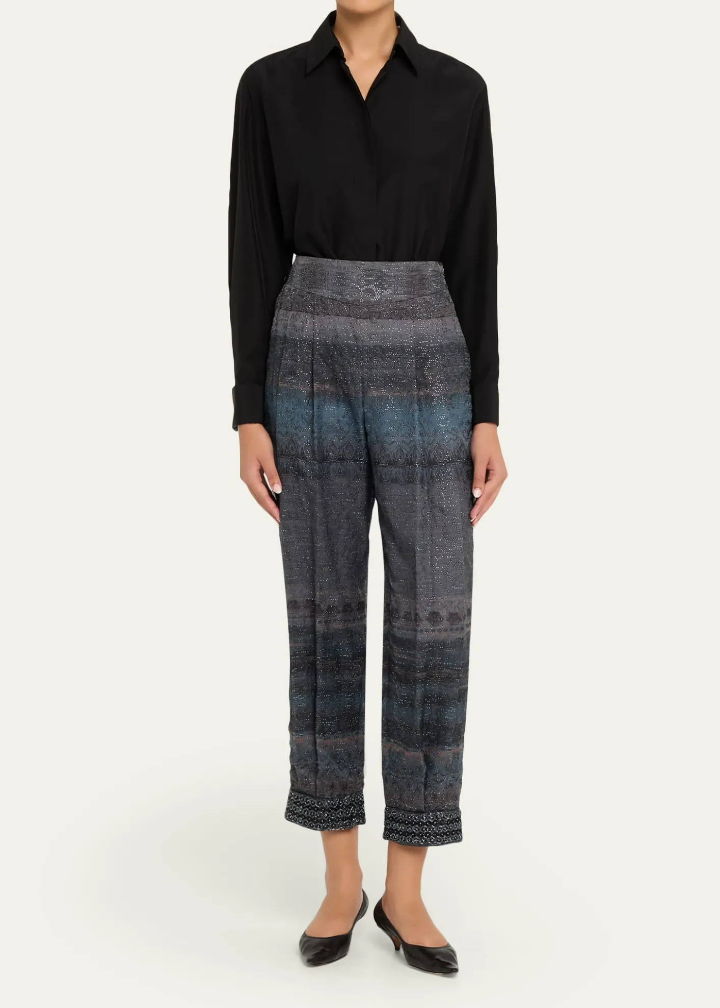 Giorgio ArmaniEmbroidered Geo-Print Wook Straight-Leg Crop Trousers